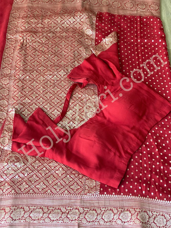 Red Banarasi Khaddi Georgette Saree with Stitched Blouse