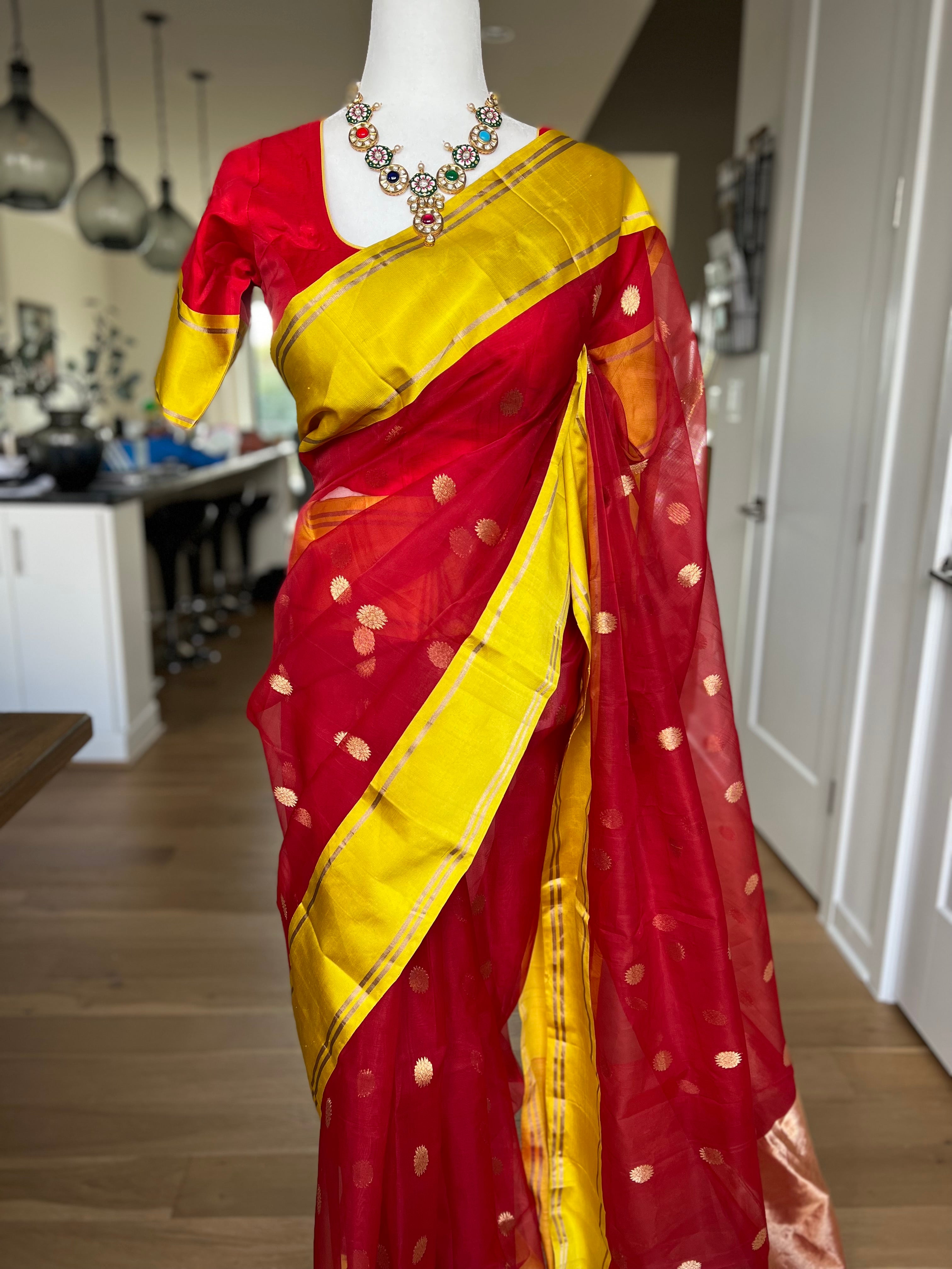 Red Damask and Yellow Zari Woven Banarasi Saree – MySilkLove