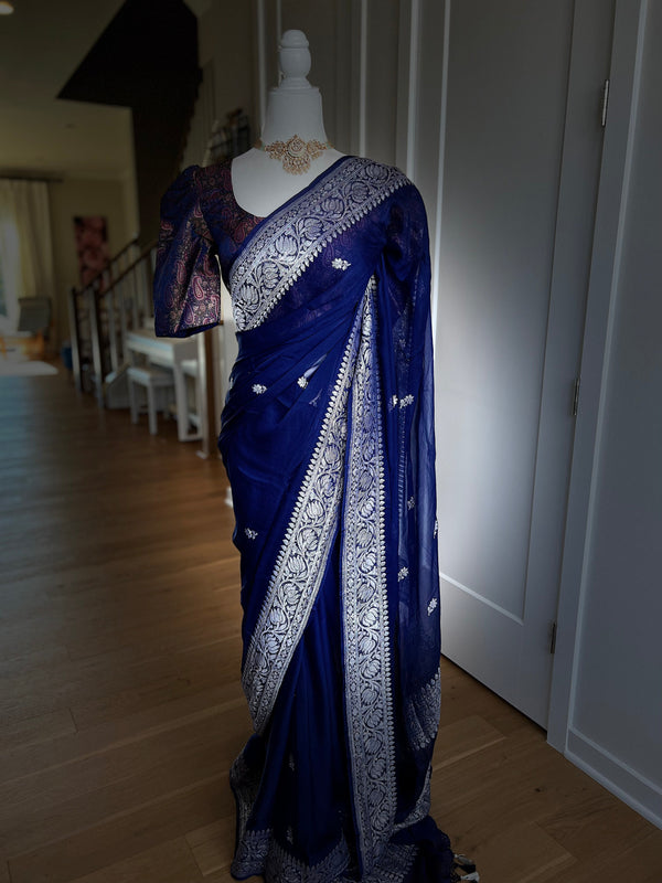 Blue Chiffon Banarasi Saree With Designer Blouse